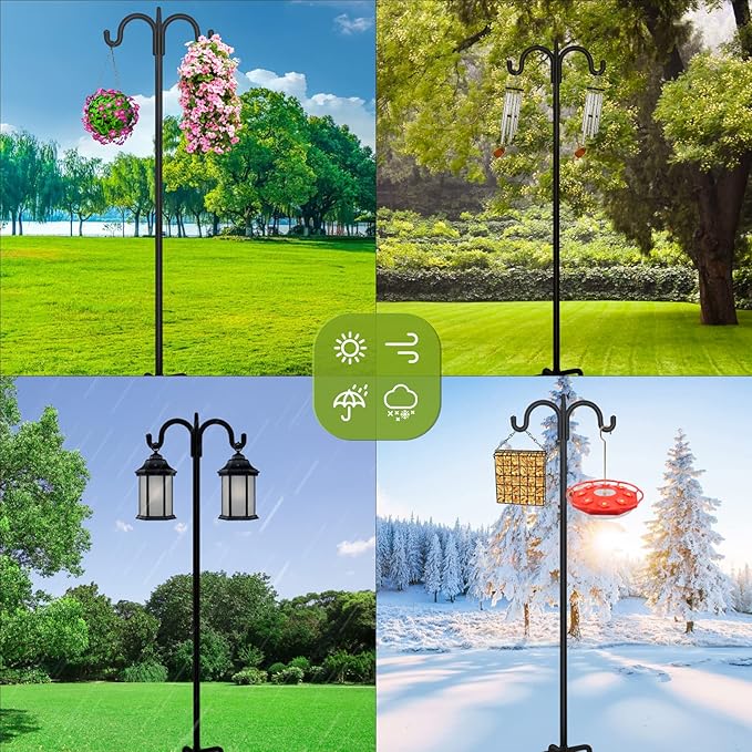 FEED GARDEN Adjustable Double Shepherds Hook for Outdoor with 5 Prong Base 108 Inch Heavy Duty Two Sided Bird Feeder Pole for Hanging Plant Baskets, Solar Light Lanterns, Wind Chimes 2 Pack