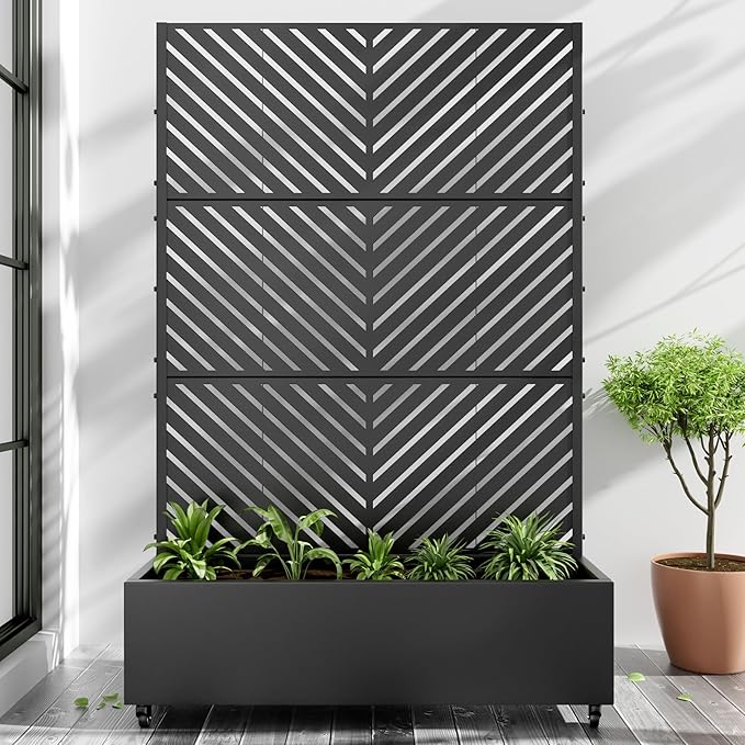 Casaphoria Metal Raised Garden Bed with Trellis and Wheels, 72"x47"x16" Planter Box for Climbing Plants, Vegetables & Vines, Features Drainage Holes and Privacy Screen (Black-Parallel)
