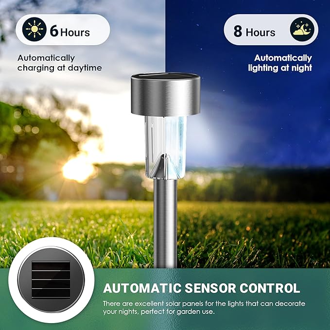 GIGALUMI Solar Lights Outdoor Waterproof, 20 Pack, Stainless Steel LED Solar Garden Lights for Patio, Lawn, Yard and Landscape, Garden Decor Patio Decor, Cold White