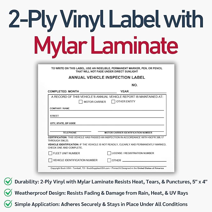 100 Pack Buck Annual Vehicle Inspection Label, 2-Ply Adhesive Vinyl with Mylar Laminate, FMCSA & DOT Compliant, Weatherproof, Tear Resistant, Easy to Write On, 5" x 4" - Made in USA