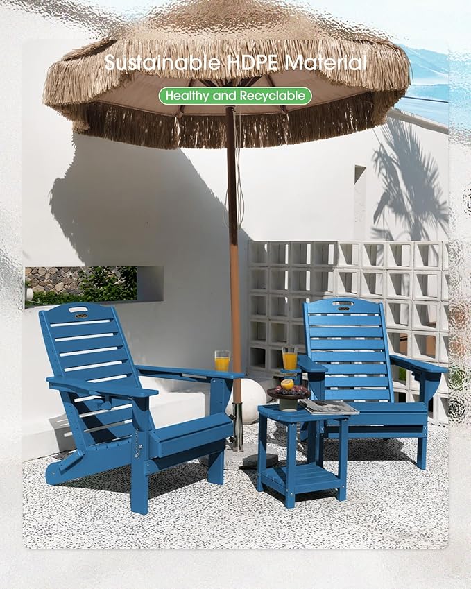 Adirondack Chairs Set of 2, Outdoor Fire Pit Chairs, HDPE All-Weather Adirondack Chairs with Cup Holder, Lawn Chair for Deck, Patio, Garden (NavyBlue)