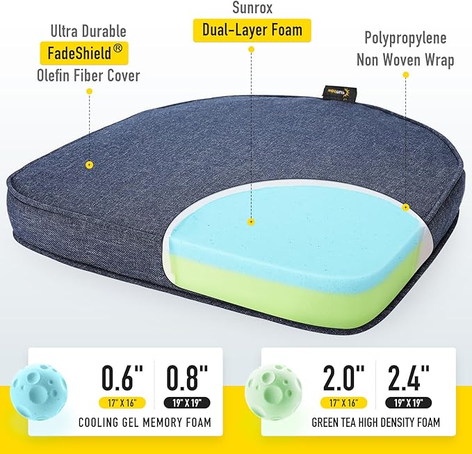 SUNROX Gel Memory Foam Chair Cushion with Ties, Ultra Durable Water Resistant FadeShield Outdoor/Indoor Reversible Chair Seat Cushion 17 x 16 inch Set of 4, Heather Indigo