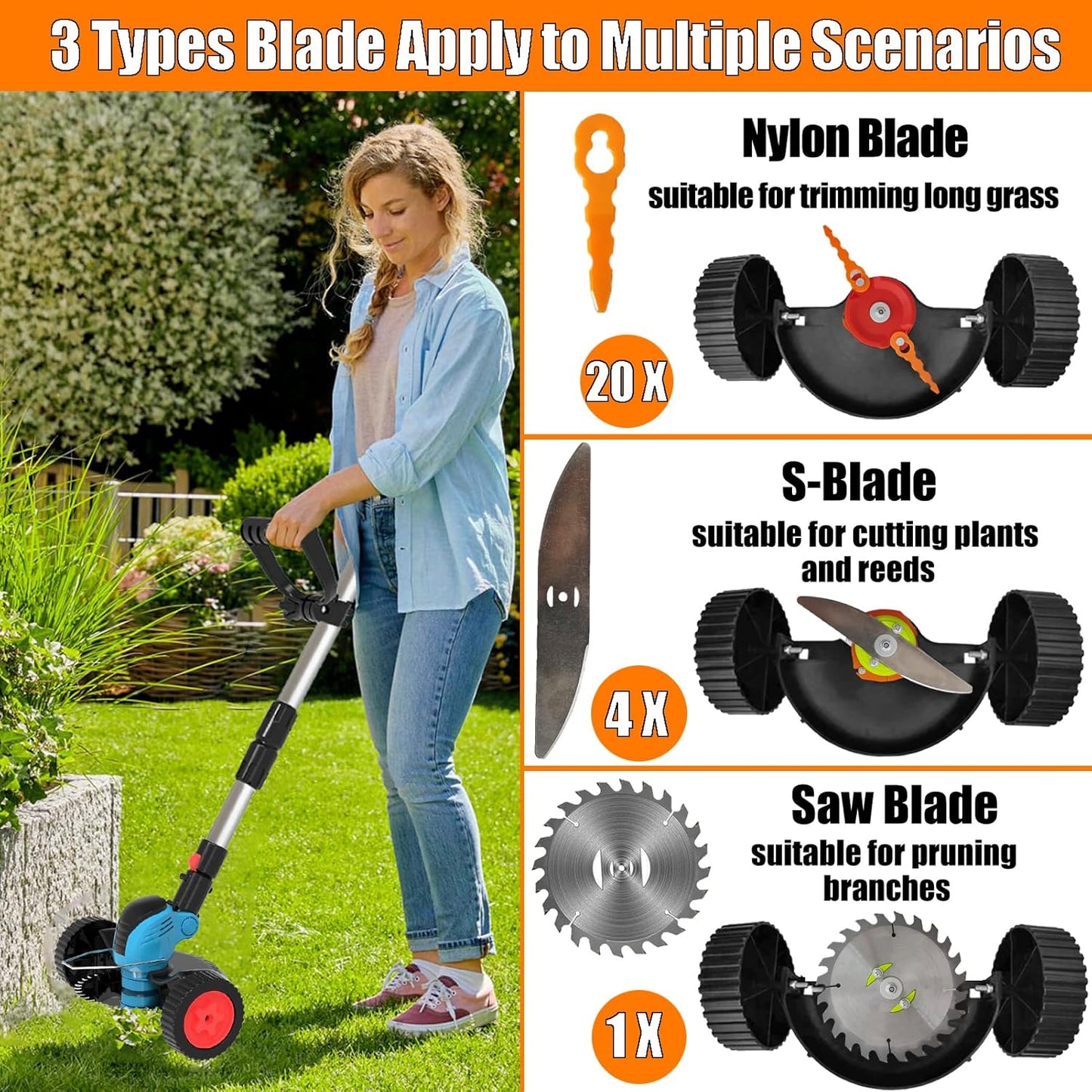 Electric Weed Wacker Cordless Eater Battery Powered Eater Lightweight Edger Portable Stringless Grass Trimmer/Lawn Mower/Brush Cutter, with 3 Types Blades & Wheels for Yard and Garden-Blue