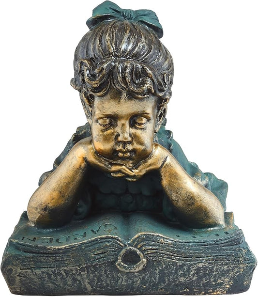 Alpine Corporation 16" Tall Indoor/Outdoor Girl Laying Down Reading Book Statue Set Yard Art Decoration