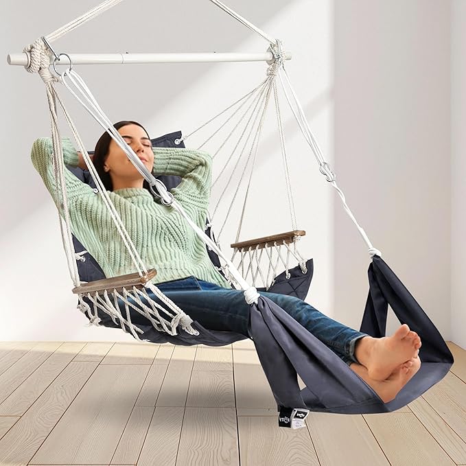 Patio Swing Chair with Adjustable Footrest & Headrest-Quilted Fabric&Steel Spreader Bar, Wooden Armrests for Porch/Garden;350lbs Capacity;Hardware kit Included Dark Grey