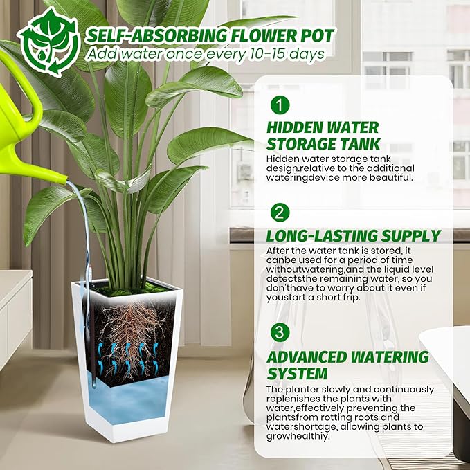 16" Tall Planters Set of 2, Outdoor＆Indoor Black Planter Pots, High Front Porch Planter Pots with Drainage Holes＆Water Level Monitor＆Inner Bucket, Automatic Watering,White