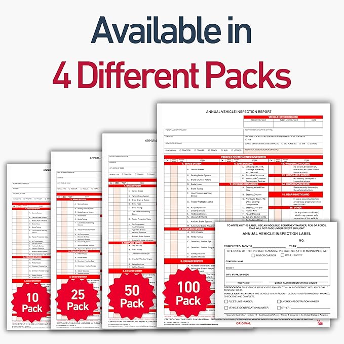 100 Pack 3-Ply Carbonless Annual Vehicle Inspection Report Forms with FMCSA 2-Ply Mylar Laminate Adhesive Vinyl Labels, DOT Inspection Forms and Stickers, Shrink-Wrapped, 8.5" x 11.75" - Made in USA