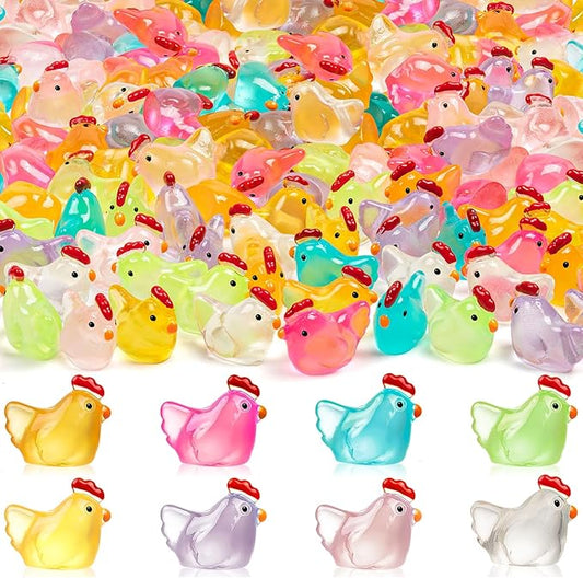 64PCS Luminous Mini Chicken Figurines Resin Miniature Animals, 8 Colors Tiny Chickens Miniature Glow in The Dark for Dollhouse, Micro Landscape, DIY, Home Outdoor Party Decor
