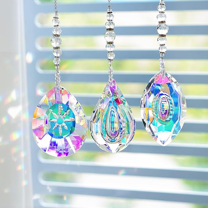 HDCRYSTALGIFTS Pack of 3 Crystal Suncatchers,AB Colored Sun Catchers with Crystals for Window Hanging Rainbow Maker Prisms Suncatchers Indoor Outdoor Decorations Ornaments