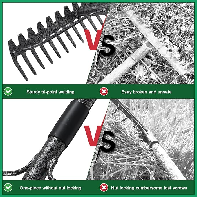 63'' Bow Rake ，17 Tines Metal Head Rakes with Stainless Steel Handle，Heavy Duty Garden Rake for Loosening Soil Gathering Leaf Leveling Lawn Farming Land Management Yarn Thatch Rake