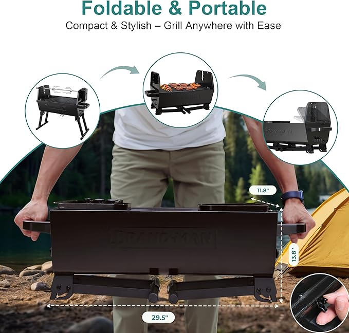 Brand‑Man 2‑in‑1 Charcoal BBQ Grill with Motorized Rotisserie – Portable, Foldable Grill, 257 sq in Outdoor BBQ Grill for Camping & Tailgate, Adjustable Height, Dual Vents