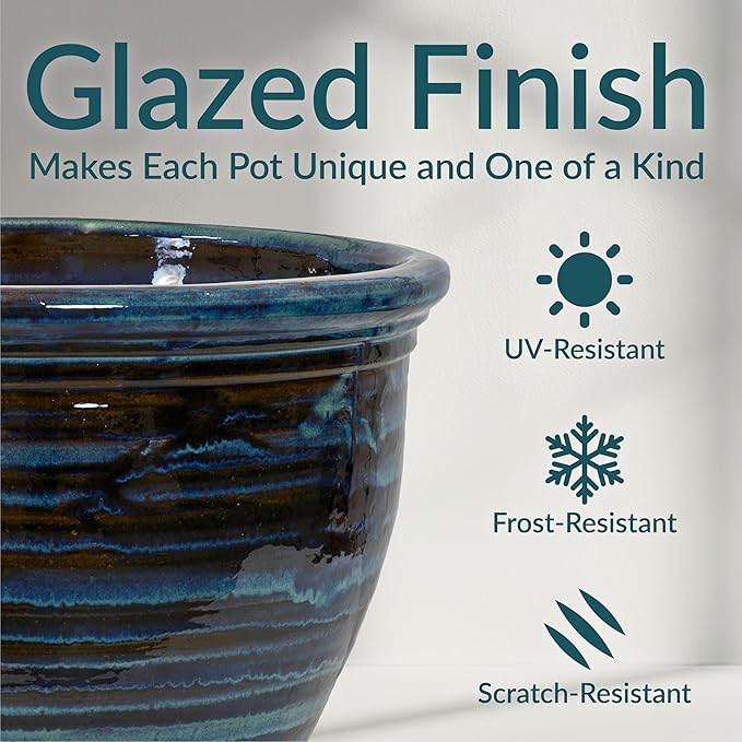 Sunnydaze Studio Large Ceramic Plant Pot - Round Outdoor Glazed Ceramic Planter Pot with Drainage - Galaxy Blue - 18.5"