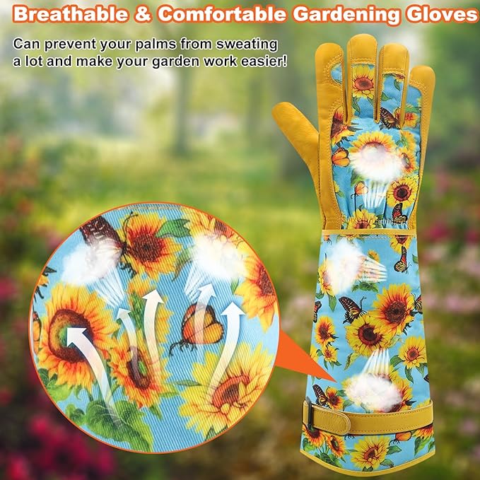 DLY Gardening Gloves for Women, Rose Gloves Gardening Thorn Proof, Long Garden Gloves for Women, Breathable Cowhide Leather Gauntlet (X-Large, Blue)