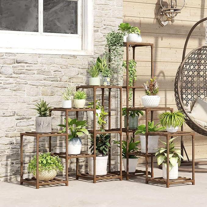 Bamworld Plant Stand Indoor Corner Plant Shelf Outdoor Flower Shelves Wooden Plant Stands Garden Wood Plant Holder Rack for Living Room Corner Lawn Window 03B