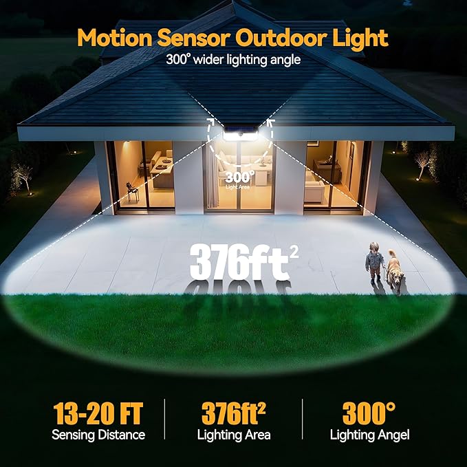 TECKNET 4200Lm 416 LED Solar Lights Outdoor Waterproof, 300° Angle & 3 Lighting Modes Motion Sensor Outdoor Lights, 2 Pack Security Solar Light IP66 for Fence Front Door Yard - 1 Pack
