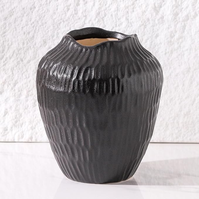 7.8 Inch Black Ceramic Vase - Modern Minimalist Round Vase for Centerpiece, Farmhouse, Living Room-Handcrafted Decorative Design for Dried Flowers, Plants, Home Decor, Rustic & Vintage Styles