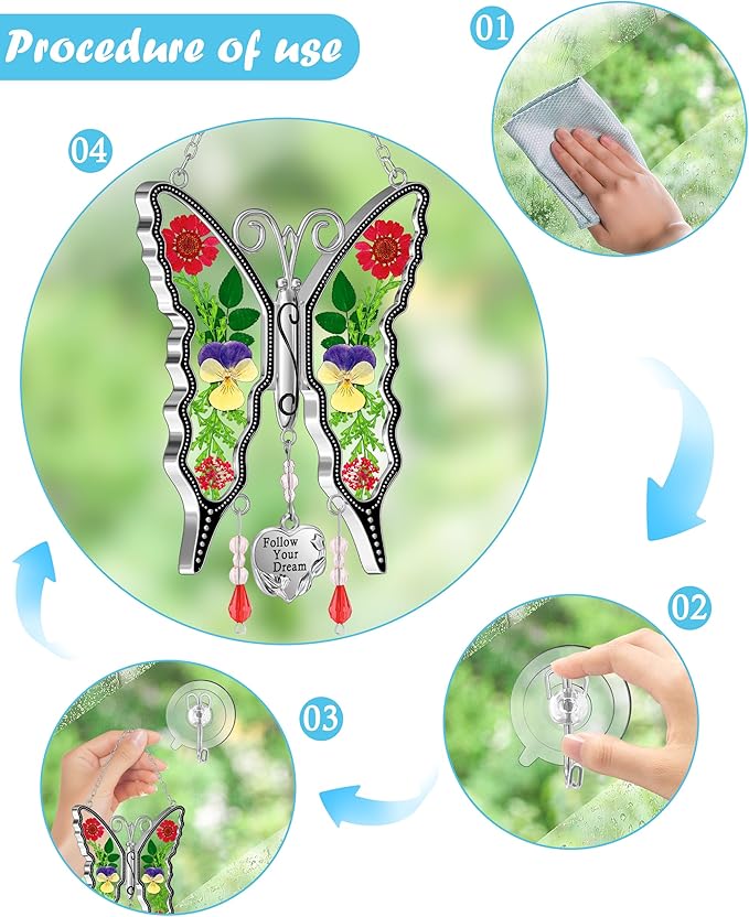 KY&BOSAM Butterfly Suncatcher Follow Your Dream Gifts for Mother Pressed Flower Between Wings Glass Hanging for Windows Charm Birthday Gifts for Women Mother's Day Valentine's Thanksgiving Christmas