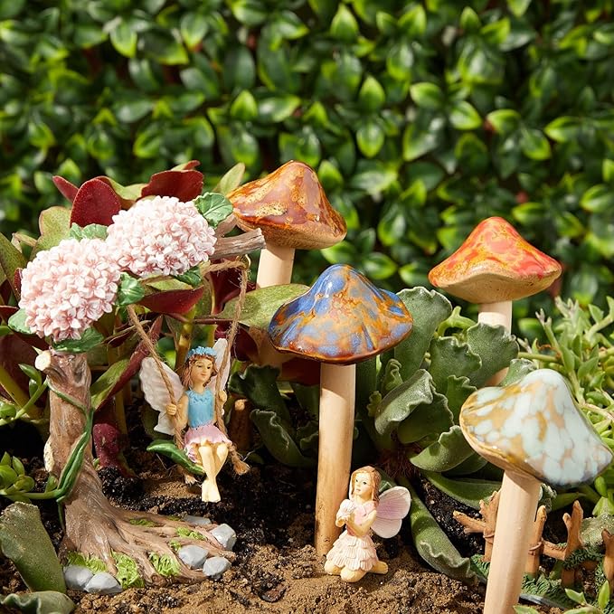 Juvale 4 Pack 5-inch Ceramic Mushroom Plant Garden Ornament and Decor - Outdoor Decoration Stakes for Planter Pots