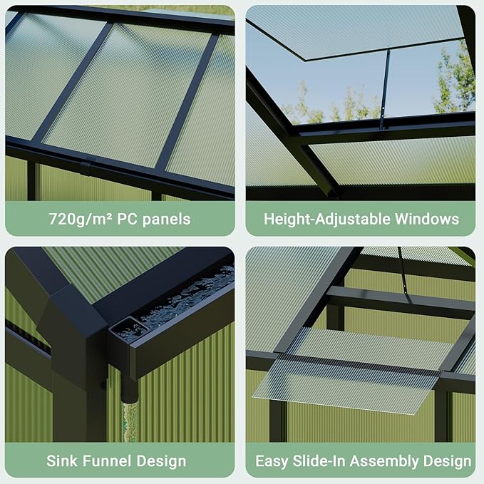 6 x 8 FT Greenhouse, Greenhouses for Outside, Polycarbonate Greenhouse with Aluminum Frame, Lockable Door and Ajustable Roof Vent for Backyard, Green Houses for Outside Garden Backyard, Patio