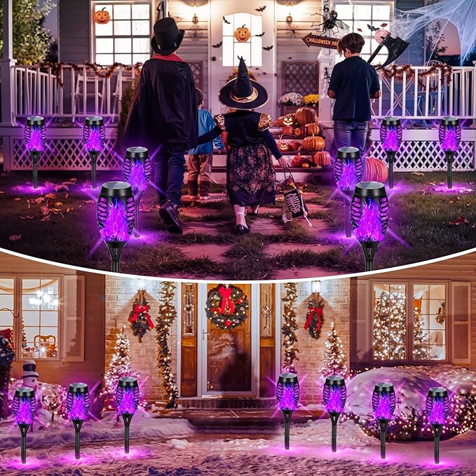 8 Pack Solar Torch Lights Outdoor Waterproof - Purple Flickering Flame, Outdoor Solar Garden Lights for Yard, Tiki Torches for Outside Patio Pathway Decorations