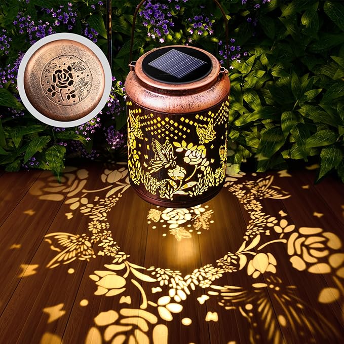 Hyriony Butterfly Solar Lanterns Outdoor Waterproof Metal Hanging Lights, Garden Decor Gifts for Women, Mom, Grandma Solar Decorations for Yard, Patio, Backyard, Porch, Lawn, Walkway, Tabletop
