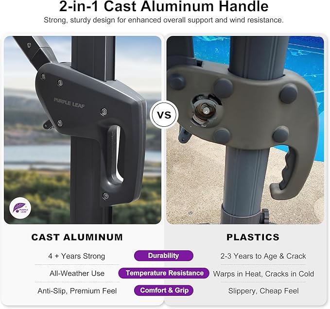 PURPLE LEAF 10 FT Cantilever Patio Umbrella Outdoor Aluminum Offset Square Umbrella with 3 Years Fade Resistance Recycled Fabric and 360-degree Rotation for Deck Pool Garden, Pebble Grey