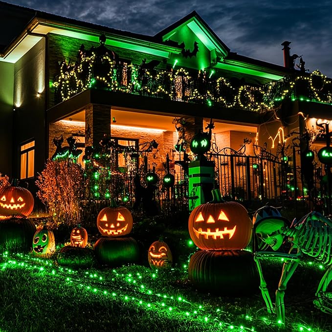 JMEXSUSS 2 Pack Green Solar Halloween Lights Each 66ft 200 LED Green Solar Lights Outdoor, 8 Modes Copper Wire Solar Fairy Lights for Garden Yard Patio Christmas Halloween Decorations