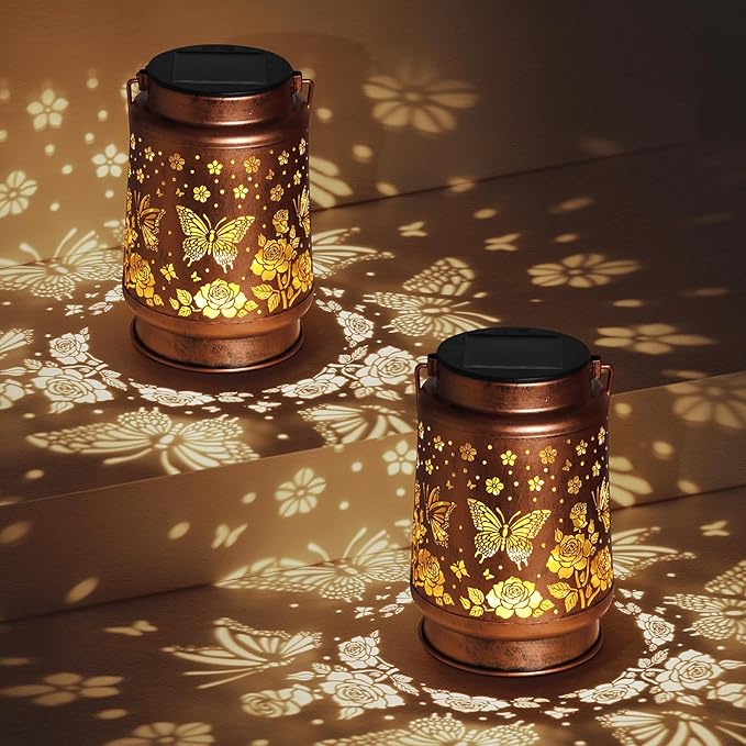 Butterfly Solar Lanterns Outdoor Waterproof Rose Garden Decor Gifts for Women Mom Grandma Hanging Solar Lights Metal Solar Decoration Outside for Yard, Patio, Backyard, Porch
