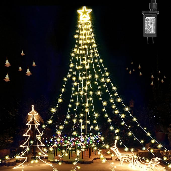 BlcTec Outdoor Christmas Decorations, 317 LED Christmas Lights with 9 Strands 11.9ft Waterfall Christmas Tree Lights, 8 Modes, Waterproof, Topper Star & Timer for Yard Patio Xmas Décor, Warm White