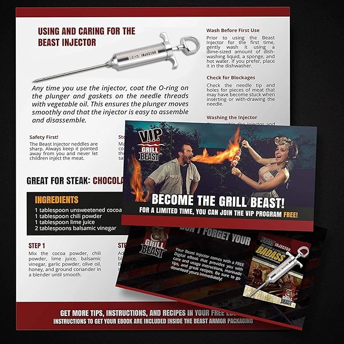 Grill Beast - 304 Stainless Steel Meat Injector Kit with 2-oz Large Capacity Barrel and 3 Professional Marinade Needles