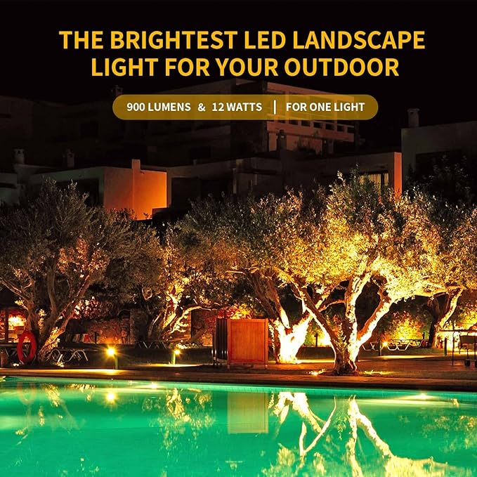 Outdoor LED Warm White Spot Lights, 3000K Landscape SpotLights, 12W IP65 Waterproof Garden Lights, Metal Case COB Lighting with Spiked Stand for Lawn Decorative Lamp US 3- Plug (4 Pack)