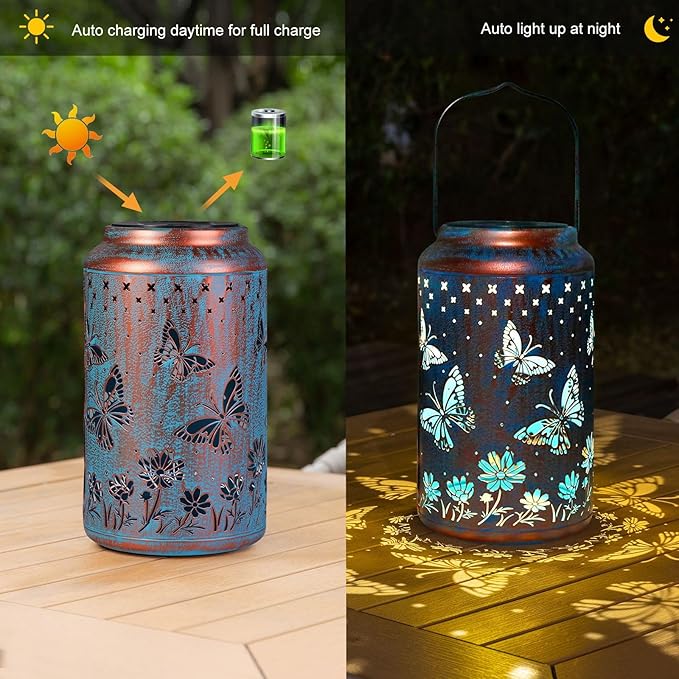 pearlstar Butterfly Lantern Outdoor Solar Hanging Lantern Waterproof Solar Light Decorative for Table Patio Yard Garden Lawn Landscape Lighting, Gardening Gifts for Women Mon (Blue)