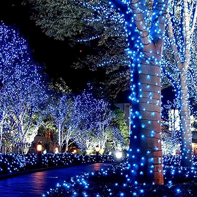 EEW 2-Pack 200 LED Solar String Lights Outdoor, Solar Christmas Lights with 8 Lighting Modes, Waterproof Green Wire Solar Tree Lights for Outside Xmas Wedding Party Garden Patio Decorations (Blue)