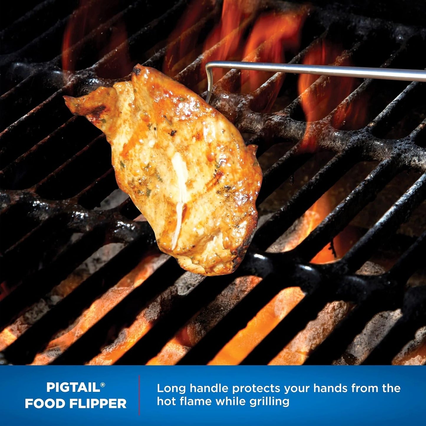Jaccard 12” PigTail Food Flipper, Blister Pack - Wooden Handle, PigTail Flipper, Meat Hook for Grilling, Wood/Stainless, 201310
