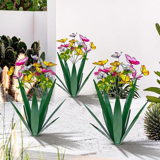 Garden Outdoor Butterfly Enlarge Thickened Wind Resistant Metal Agave Garden Art Metal Plant Country Sculpture Statue Decorations Ornaments Artificial Waterproof Butterflies(Green 3pcs)
