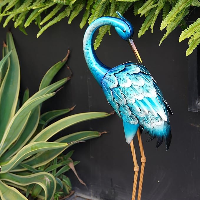 Chisheen Crane Metal Outdoor Blue Heron Sculpture Large Garden Heron Decoy Bird Statue Lawn Ornament for Backyard Pond Patio Porch Outside Decoration