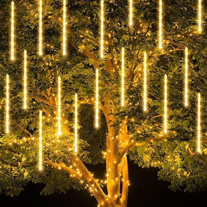 TW SHINE Christmas Meteor Shower Lights Outdoor, 864 LED 12" 24 Tubes Waterproof Christmas Lights Outdoor Plug in, Snow Falling Rain Icicle Xmas Lights Decorations, Warm White