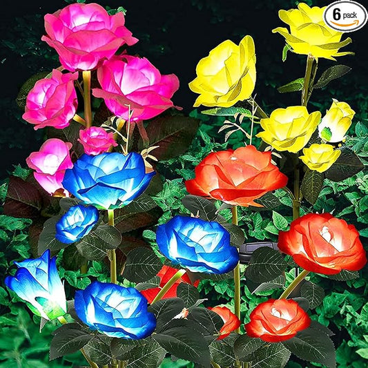 ANGMLN Solar Garden Lights, 6 Pack Solar Flower Lights Outdoor Waterproof with 30 Head Realistic Rose 7-Color Changing Landscape Light for Garden Yard Pathway Patio Grave Cemetery Decoration