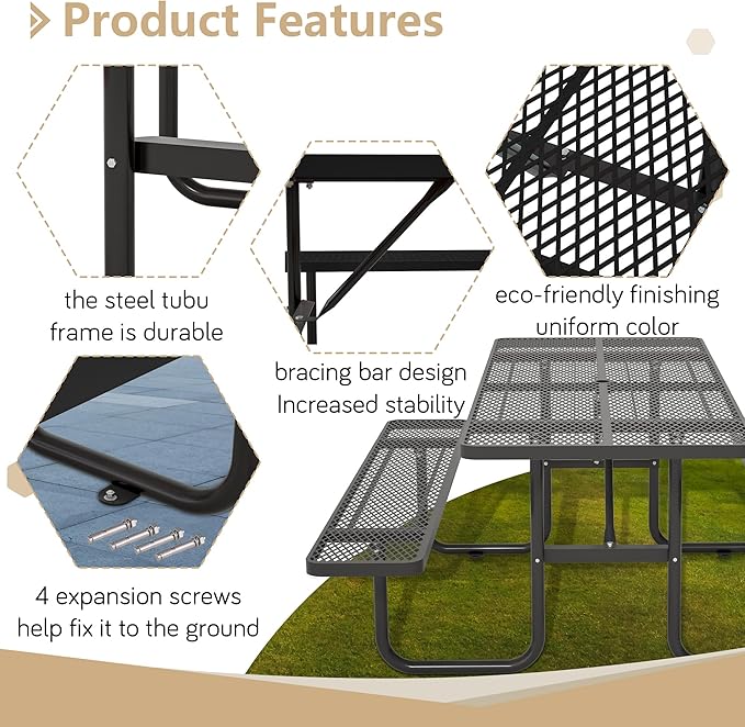 72'' Steel Rectangular Picnic Table for Outdoors, Expanded, Lifetime Picnic Table with Umbrella Hole, Heavy Duty Sturdy Commercial Picnic Tables for Garden Courtyard BBQ, Black