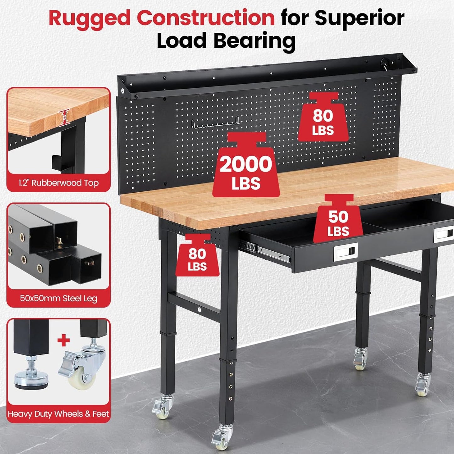 Workbenches for Garage Work Bench with Wheels 60 Inch Adjustable Rubber Wood Top Garage Workbench with Drawers, Pegboard, Power Outlets for Woodworking, Home, Office, Workshop