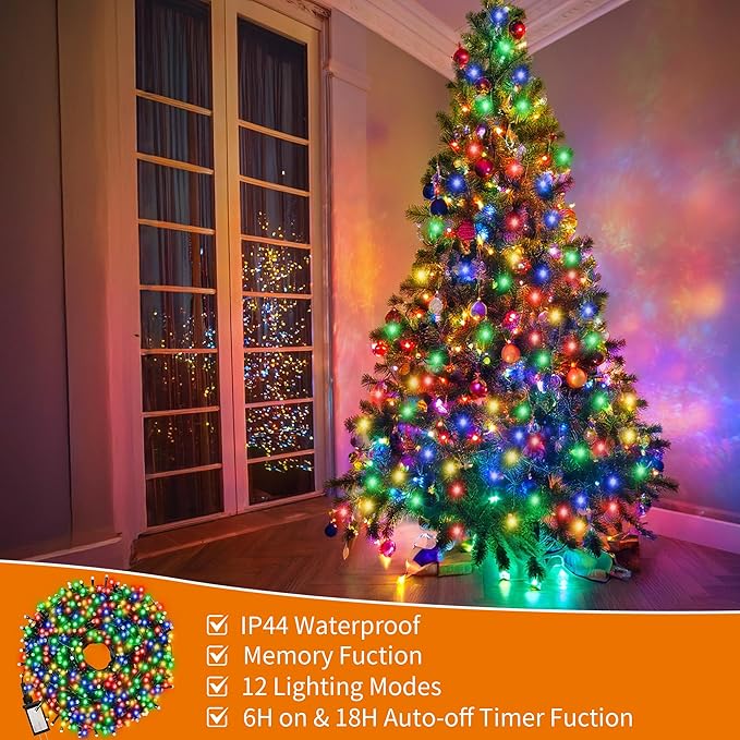Christmas Light 500 LEDs 172ft Green Cable Wire Fairy String Twinkle Lights Plug in 12 Modes for Xmas Tree, Party, Indoor,Outdoor, Garden, Wedding, Home Decoration (Multi Color)