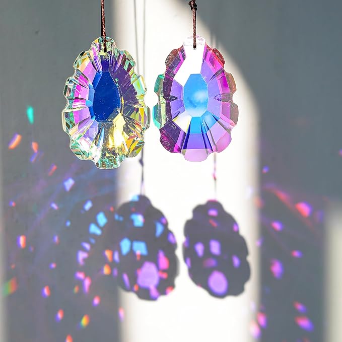 HDCRYSTALGIFTS Set 2 Crystal Sun Catchers for Window Protect Bird Strike, AB Colored 76mm Hanging Ornaments for Windows Rainbow Prism Suncatchers Garden Home Decor