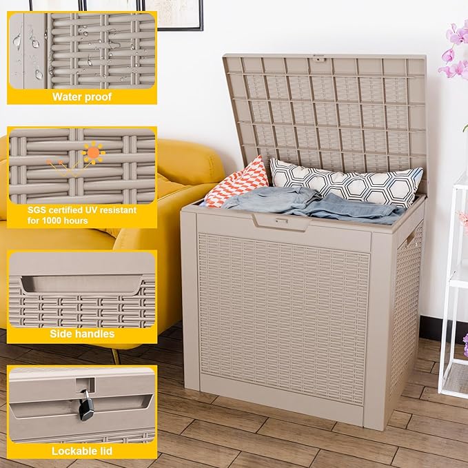 36 Gallon Outdoor Deck Box,Storage Lockable Waterproof Patio Furniture,Garden Tools,Cushions,Pool Accessories Outside Storage Resin Box(Grey Pattern)