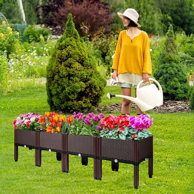 MAYOLIAH Raised Garden Bed with Drainage Elevated Planter Box Plastic Raised Beds for Gardening Vegetables Herb Flowers, Perfect for Indoor Outdoor Planting, 4 Boxes Brown