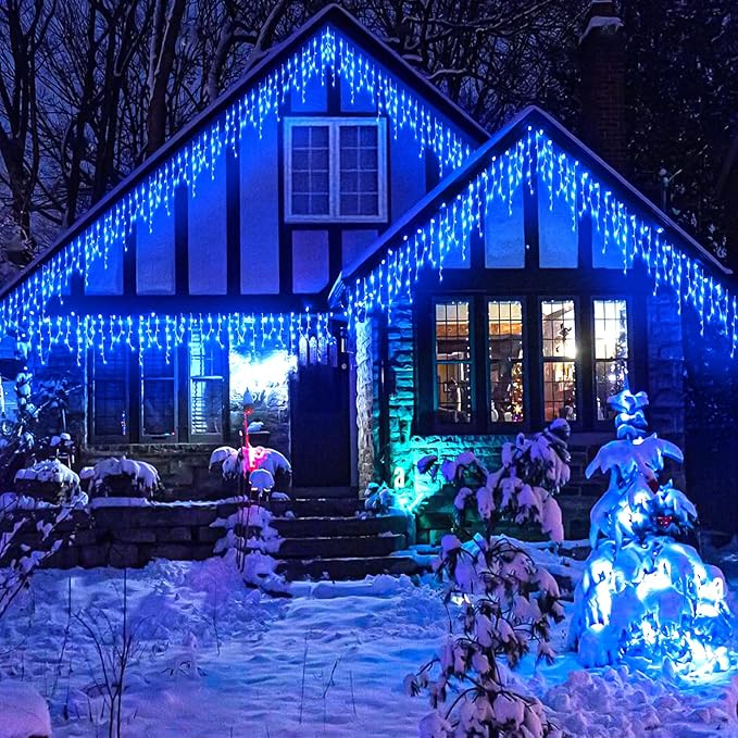 Icicle lights Outdoor - 66ft Christmas Lights with 640LED 120 Drops 8 Modes, Plug in Curtain String Lights Waterproof for Holiday Wedding Party Home Garden Bedroom Indoor Outdoor Decoration, Blue