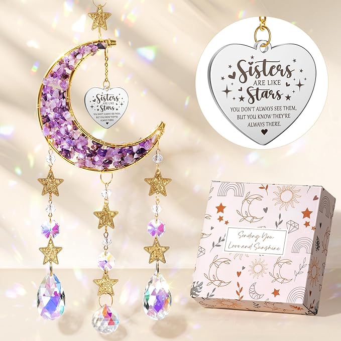 Sisters Gifts from Sister for Sister from Brother, Best Sister Gifts Unique Sister Birthday Gifts for Sister in Law Soul Sister, Moon Crystal Suncatcher for Window Hanging Decor