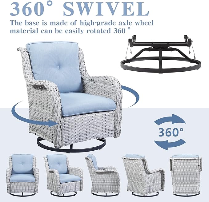 Outdoor Swivel Rocker Patio Chairs Set of 3, High Back Swivel Patio Chairs Wicker Furniture Set, 2 PCS Rattan Swivel Rocking Chair with Side Table, Light Grey Wicker