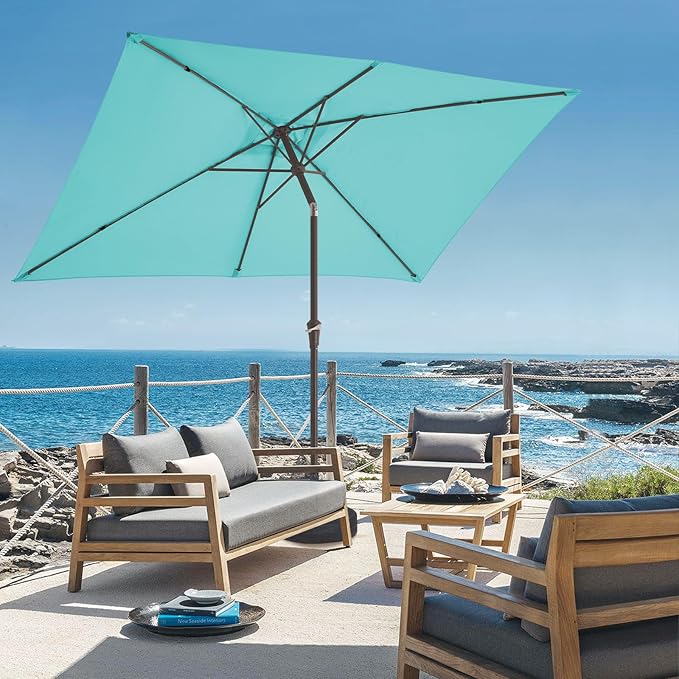 JEAREY 6.5x10 ft Rectangular Patio Umbrellas Outdoor Market Umbrella with Push Button Tilt and Crank, Rectangle Table Umbrella 6 Sturdy Ribs UV Protection for Pool Garden Backyard Deck, Peacock Blue