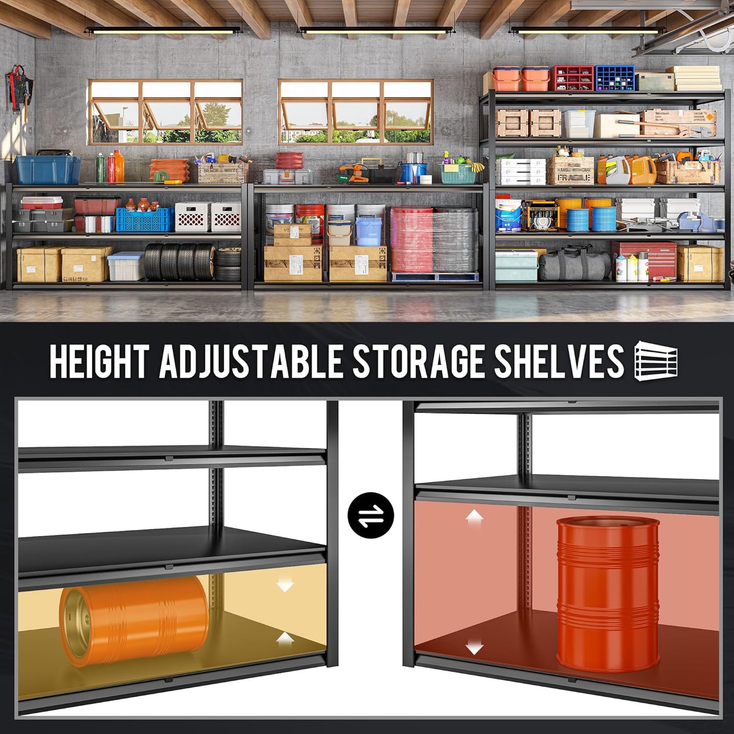 59.8" W x 72.2" H x 24.2" D Metal Storage Shelves, 2650LBS Garage Shelving Unit with Adjustable Shelf, 5 Tier Storage Rack for Garage, Pantry, Warehouse, Basement, Black, 2 Pack