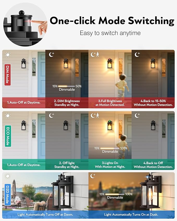 VIANIS Motion Sensor Outdoor Light, 2 Packs Exterior Lights for House, Black Waterproof Dusk to Dawn Outside Porch Lights Lantern for Garage Patio Doorway,Distance Adjustable(Hardwired, not Solar)
